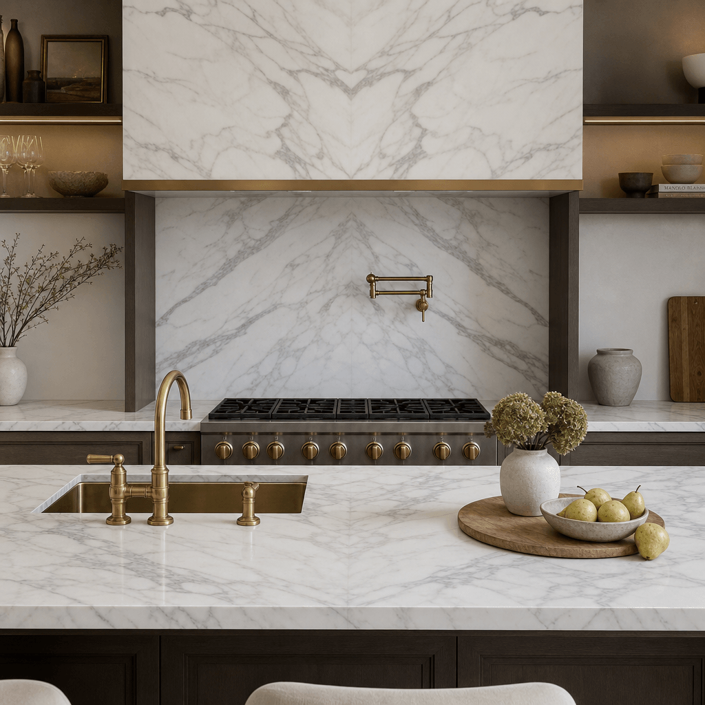 Photorealistic luxury kitchen interior featuring freshly swapped Statuario marble countertops and matching book-matched