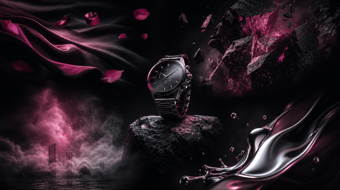 Several distinct cinematic material worlds converging around one product: polished metal, soft fabric, rough stone, drif