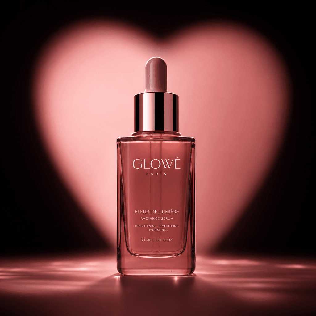 Heart spotlight effect on premium cosmetic product, warm pink lighting, luxury beauty editorial style, dark background,