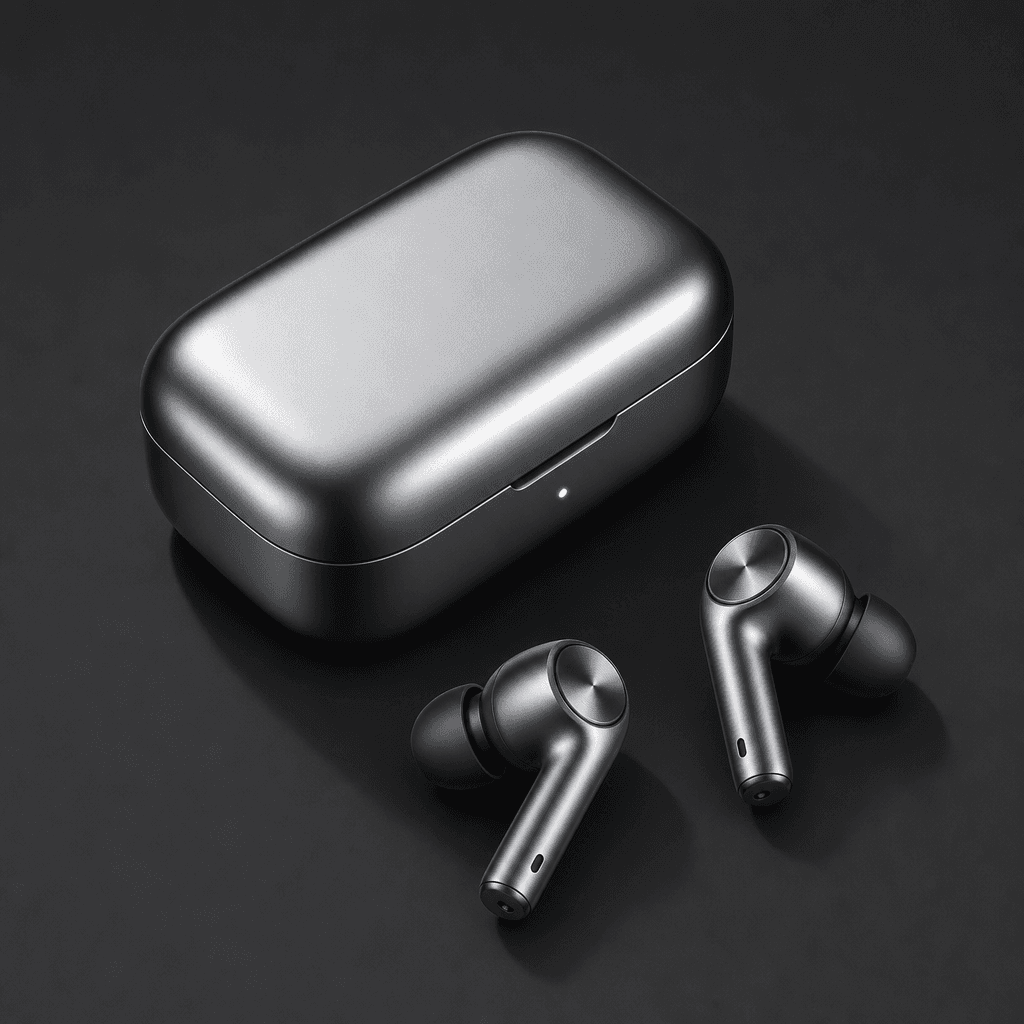 Isometric view of wireless earbuds and charging case with metallic finish on dark background, clean geometric shadows