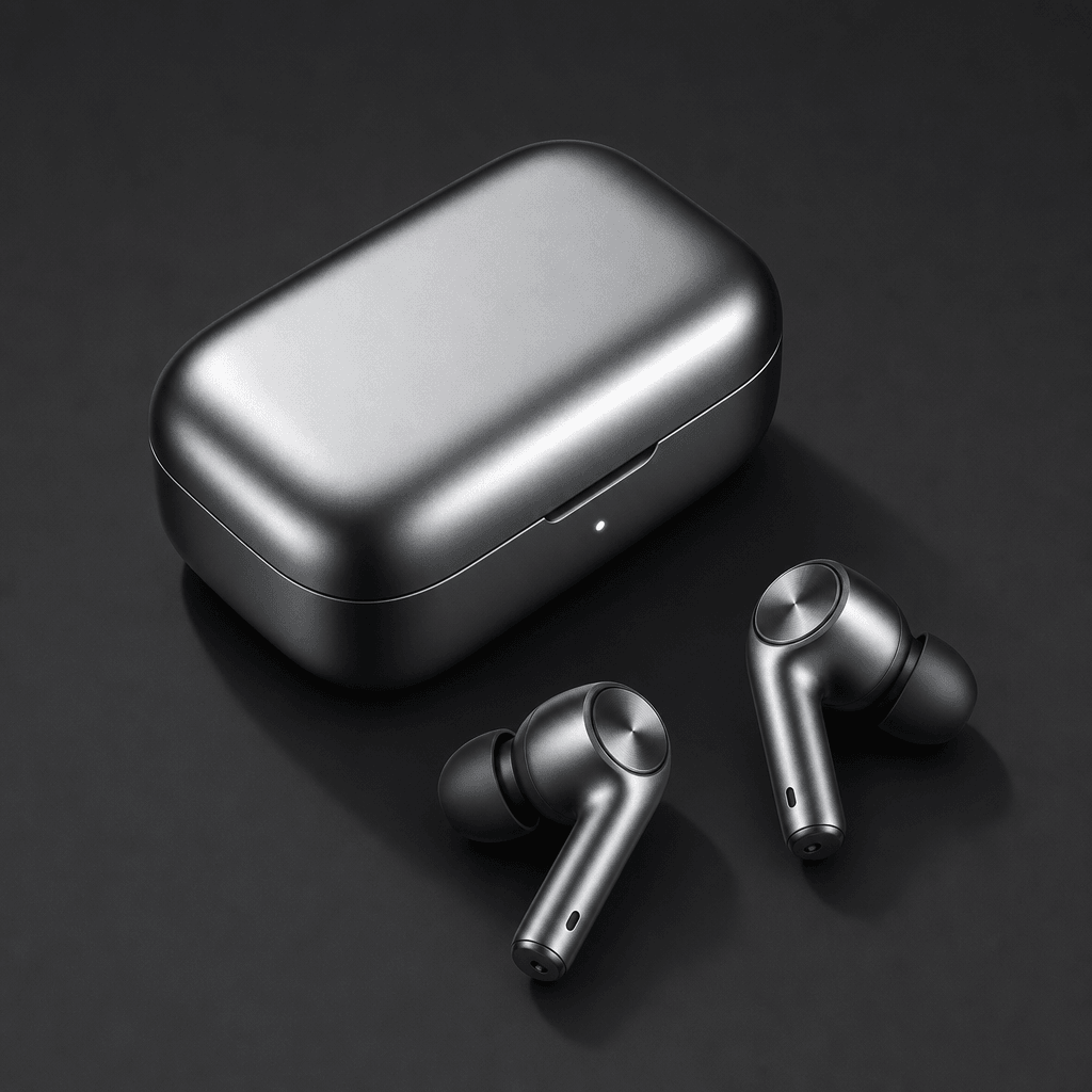 Isometric view of wireless earbuds and charging case with metallic finish on dark background, clean geometric shadows