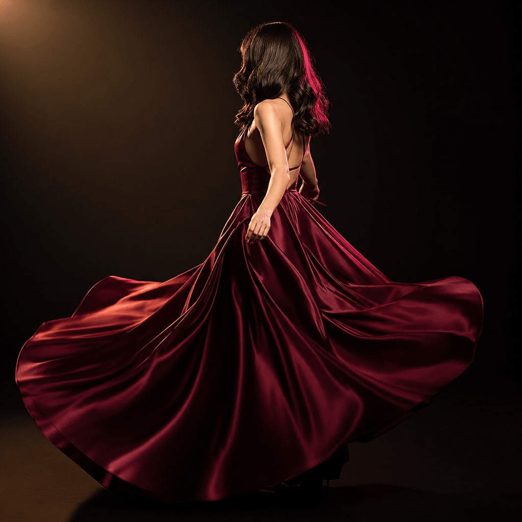 Luxury eveningwear showcase with an anonymous model rotating in a flowing burgundy dress, skirt forming an elegant circu