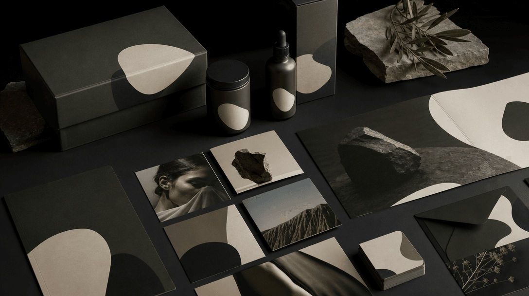 A cohesive campaign material spread containing product packaging, social-format cards, stationery, and presentation page