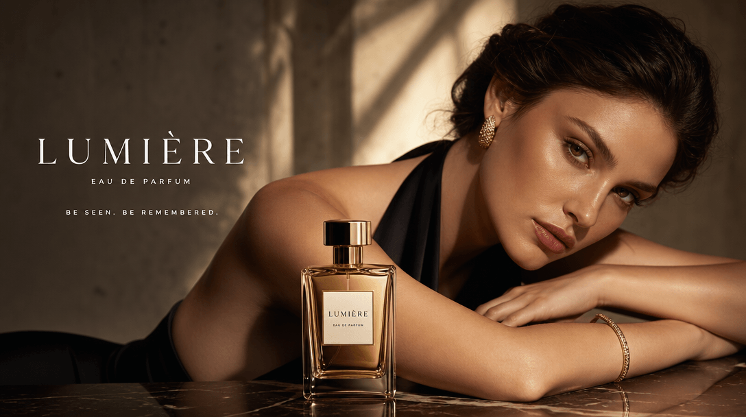 Luxury brand advertising style: product center-frame with model in complementary pose. Professional styling, atmospheric