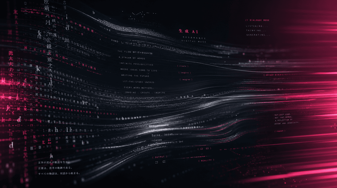 Abstract flowing text characters and script lines dissolving into motion blur streaks across dark background with hot pi