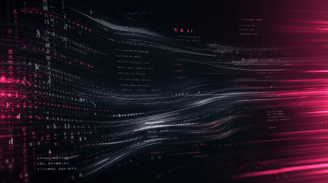 Abstract flowing text characters and script lines dissolving into motion blur streaks across dark background with hot pi