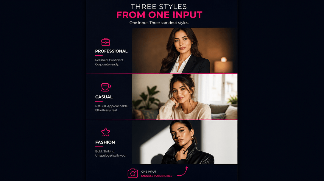 Vertical grid layout of 3 portrait variations stacked on dark navy-to-black gradient background: top shows corporate pro