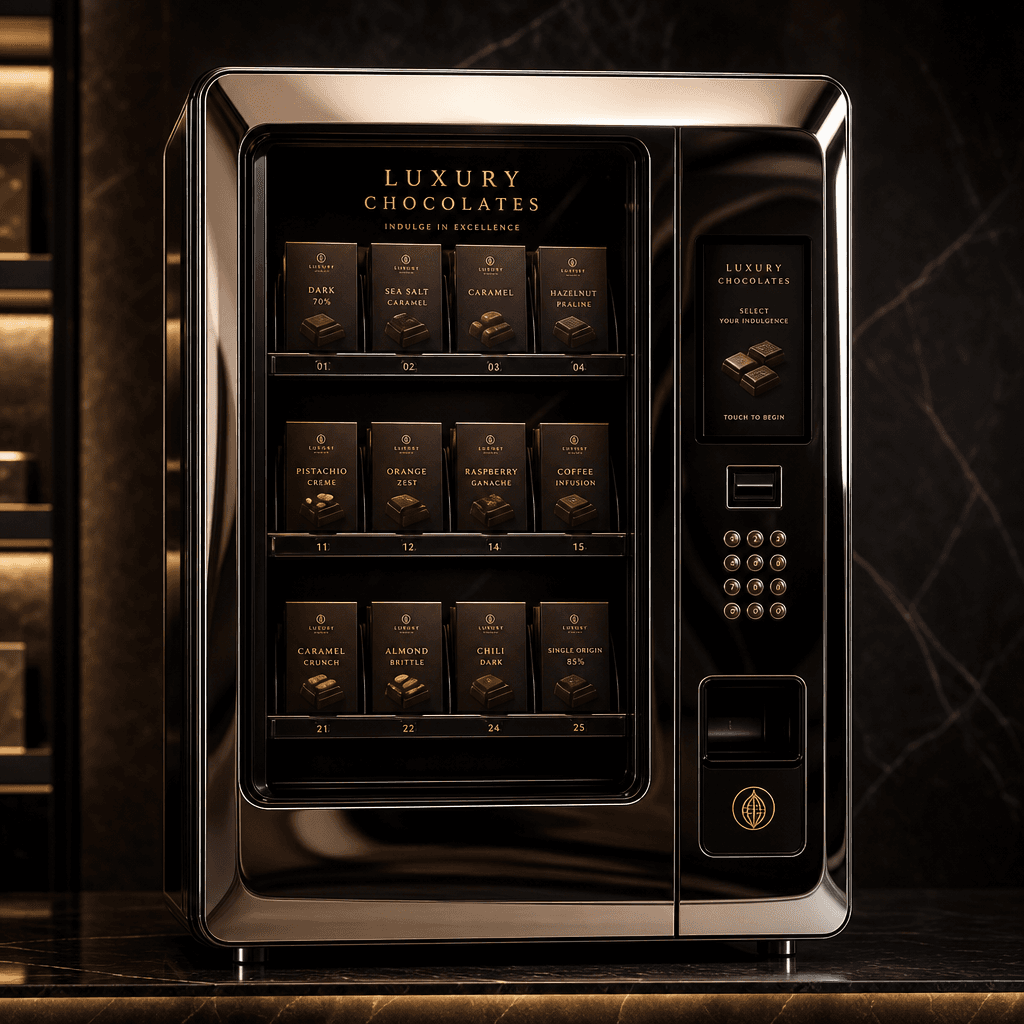 Gourmet chocolate in sleek chrome vending machine, sophisticated dark background, product hero lighting, luxury presenta