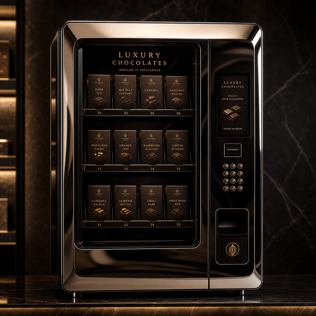 Gourmet chocolate in sleek chrome vending machine, sophisticated dark background, product hero lighting, luxury presenta