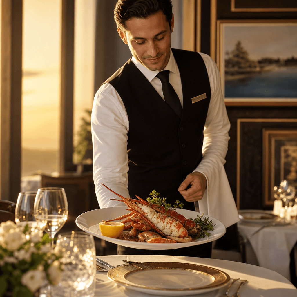 Waiter presenting seafood dish in luxury restaurant setting. Golden hour warm light, premium place setting, sophisticate