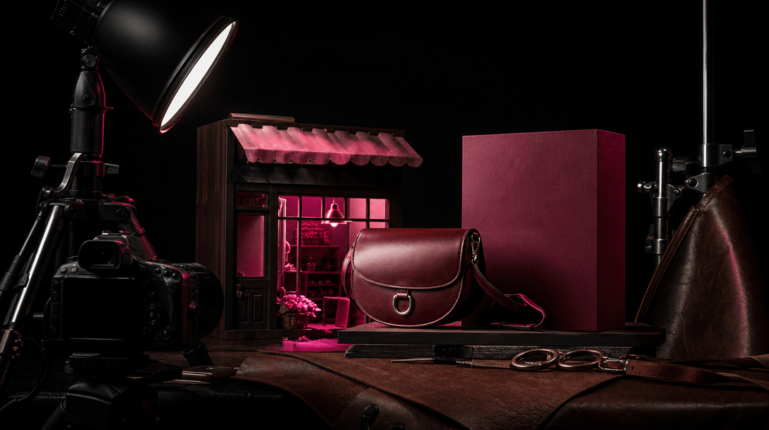 A cinematic still life combining a miniature retail set, saddle leather, metal hardware, controlled studio lamps, and a