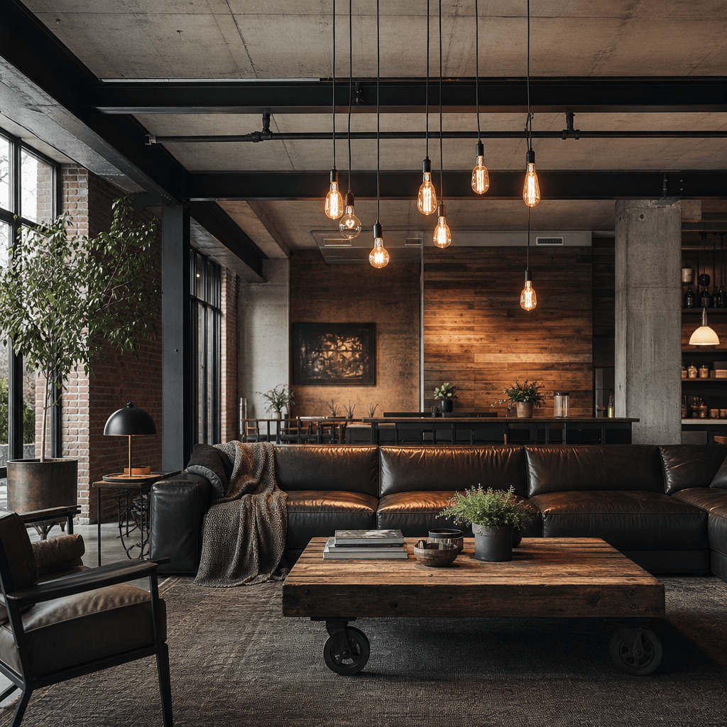 Industrial-loft living room — exposed concrete ceiling, structural steel beam, warm Edison cluster pendants, dark leathe