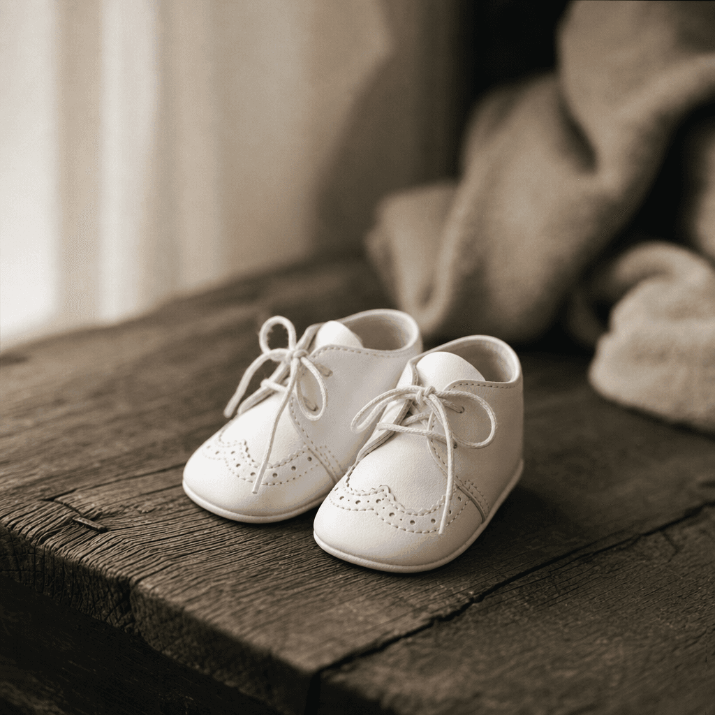 Editorial macro shot of a tiny pair of white baby shoes resting on weathered dark oak, soft diffused window light from t
