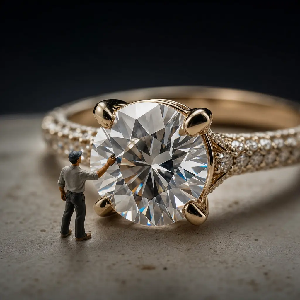 Miniature model interacting with an enormous jewelry piece, eye-catching scale contrast, sophisticated product photograp