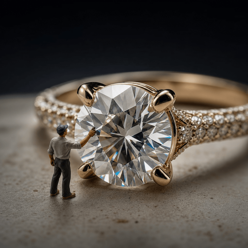 Miniature model interacting with an enormous jewelry piece, eye-catching scale contrast, sophisticated product photograp