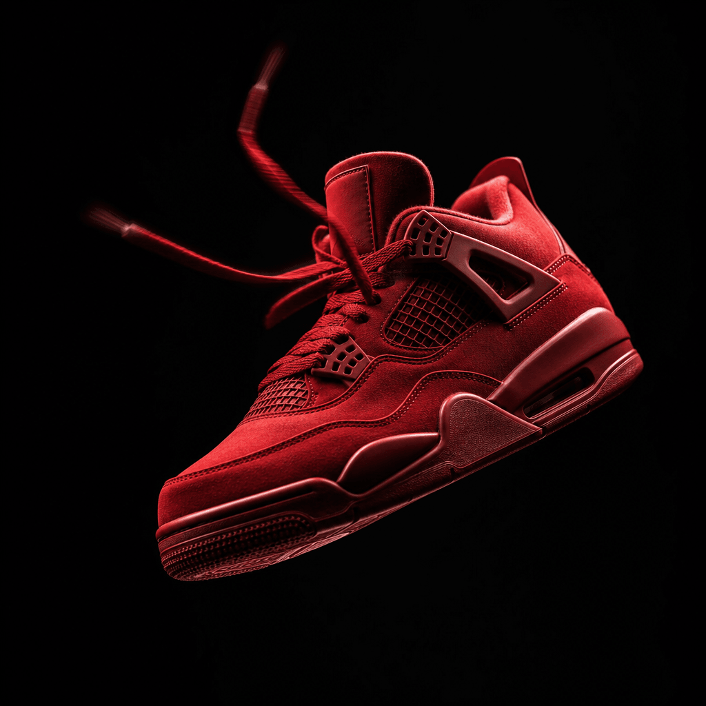 A bold crimson sneaker frozen in mid-air, tossed upward against a dark studio background. Dramatic raking sidelight scul