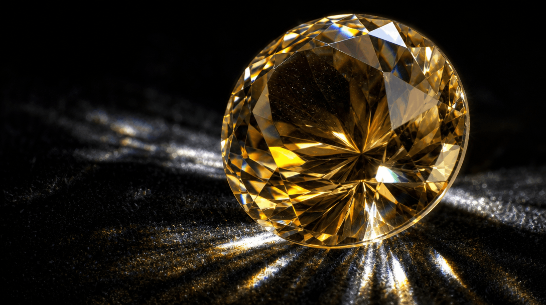 Extreme macro close-up of a faceted gemstone catching a focused studio light ray, crystalline depth and light scatter at