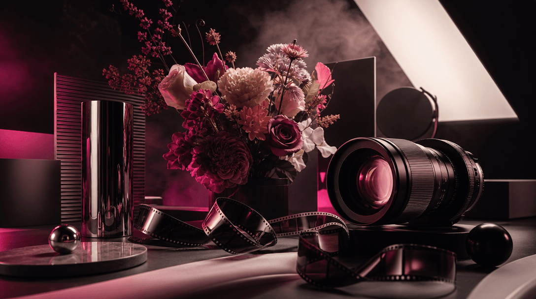 A cinematic studio scene where a bouquet, camera lens, reflective metal, and strips of photographic film form one connec