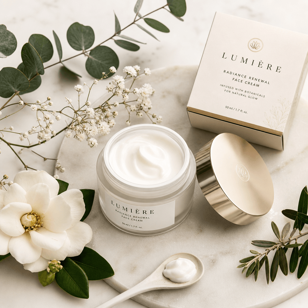 Face cream product flatlay with botanical elements, soft diffused professional lighting, minimalist luxury styling on cl