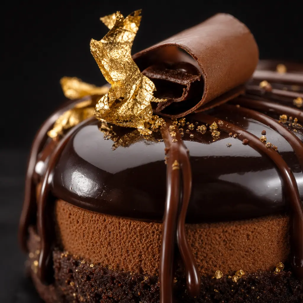 Artisanal luxury dessert with gold leaf, glossy chocolate ganache drizzle, and delicate pastry work. Dark background. St