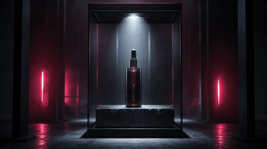 An essential beauty serum presented like a protected artifact inside a stark glass chamber, dark editorial atmosphere, p