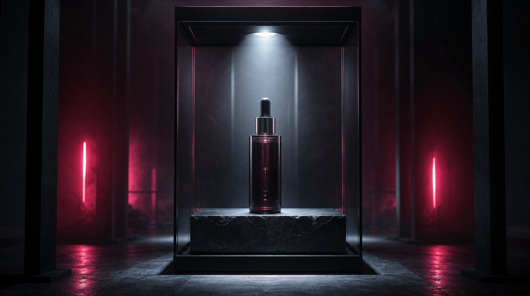 An essential beauty serum presented like a protected artifact inside a stark glass chamber, dark editorial atmosphere, p