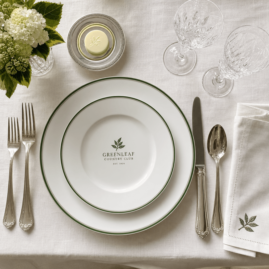 Overhead shot of complete place setting with branded plate at center, quality flatware, crystal glassware, linen napkin,