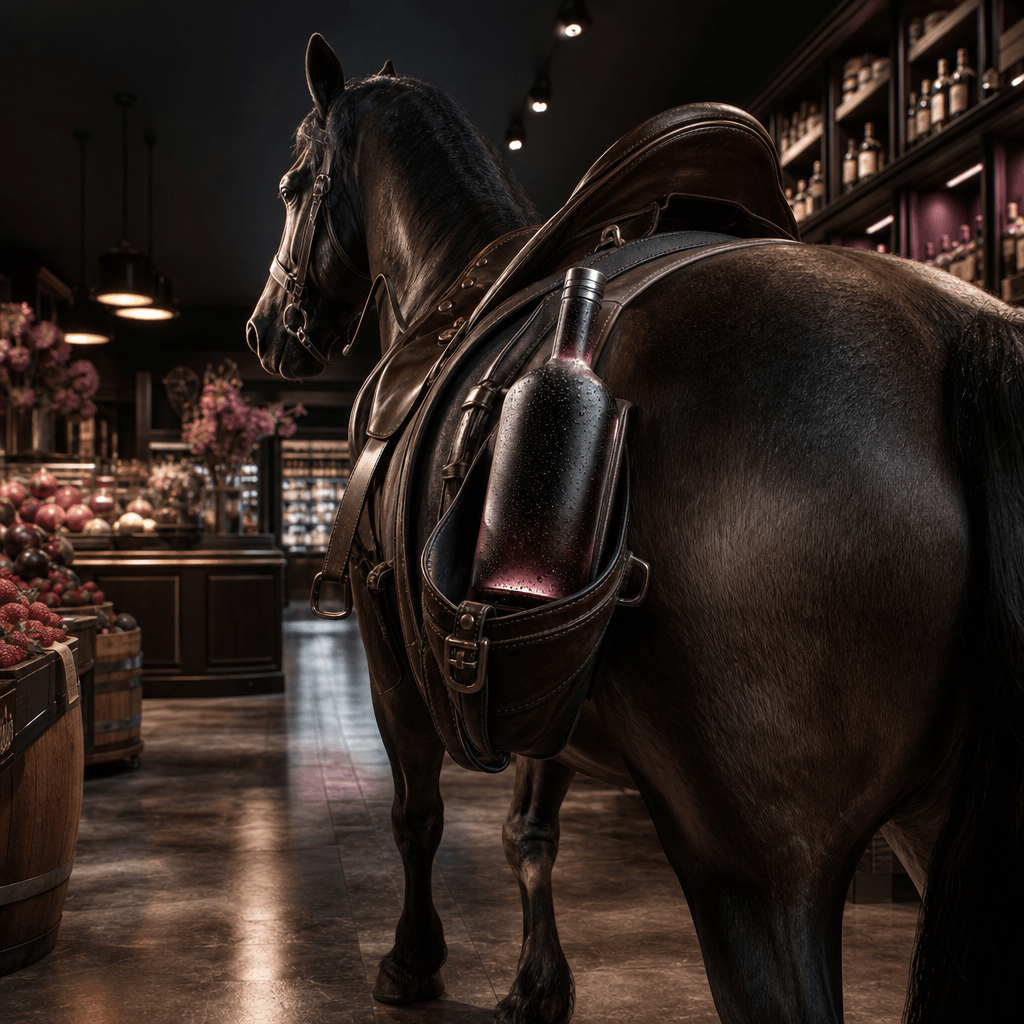 Square cinematic beverage advertisement set in an elegant specialty market, a horseback customer moving through the aisl