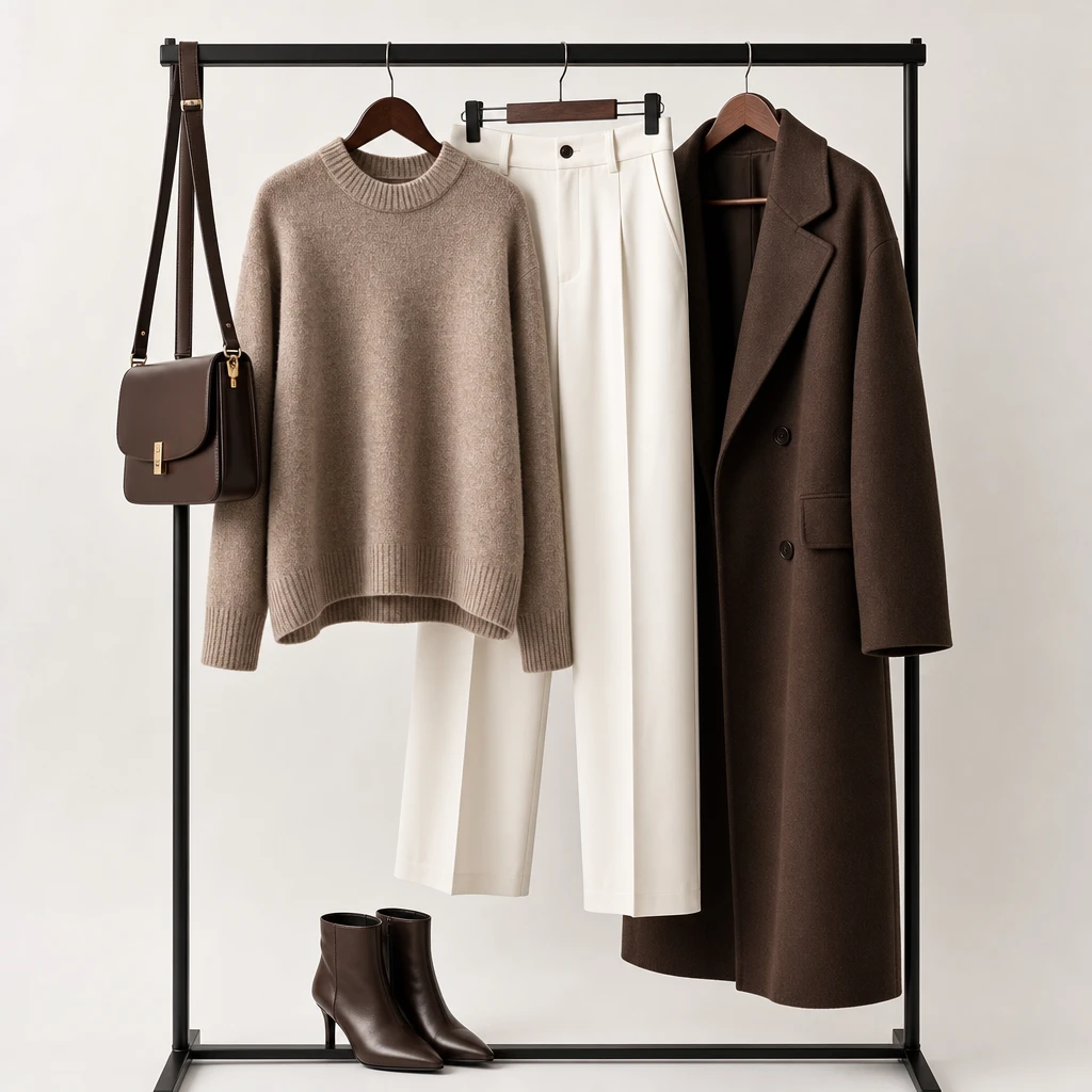 Complete outfit displayed on minimal clothing rail, styled pieces coordinated, professional lighting highlighting fabric