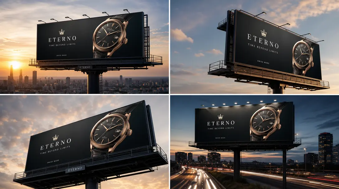 Smooth camera motion around billboard structure, dynamic perspective shift showing billboard from multiple viewing angle