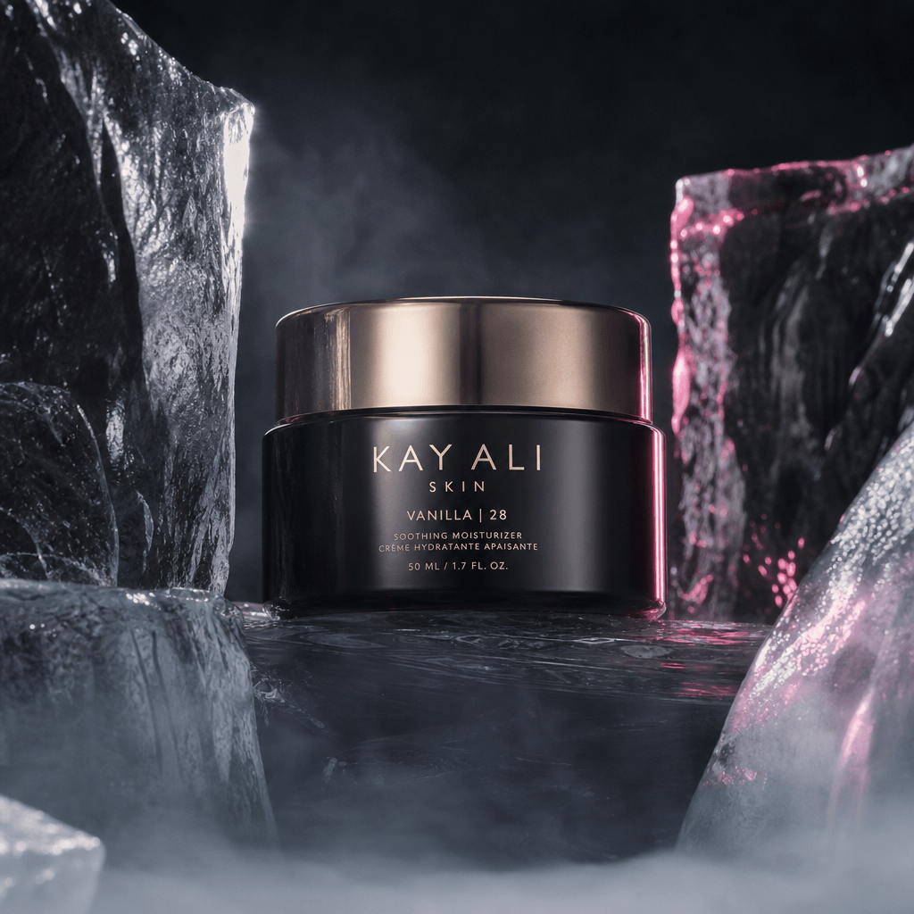 A sleek cosmetic cream jar framed by icy translucent blocks and a shallow pool of fog, packaging centered and fully read