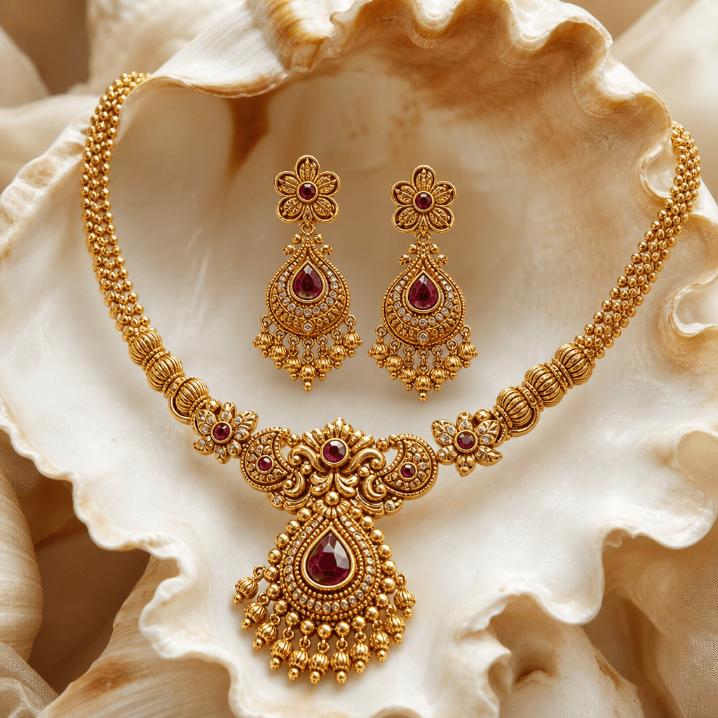 Close-up of luxurious golden jewelry—necklace and earrings—nestled inside a cream-colored seashell. Studio lighting reve