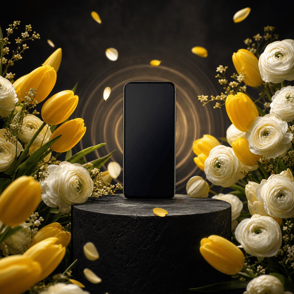 A cheerful spring bouquet of yellow tulips and white ranunculus surrounding a minimal smartphone on a charcoal stone ped
