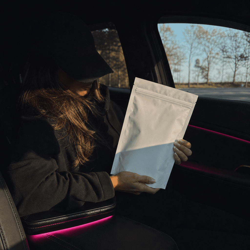Square editorial image of an anonymous fitness creator in a parked car holding a minimal unbranded supplement pouch. Ear