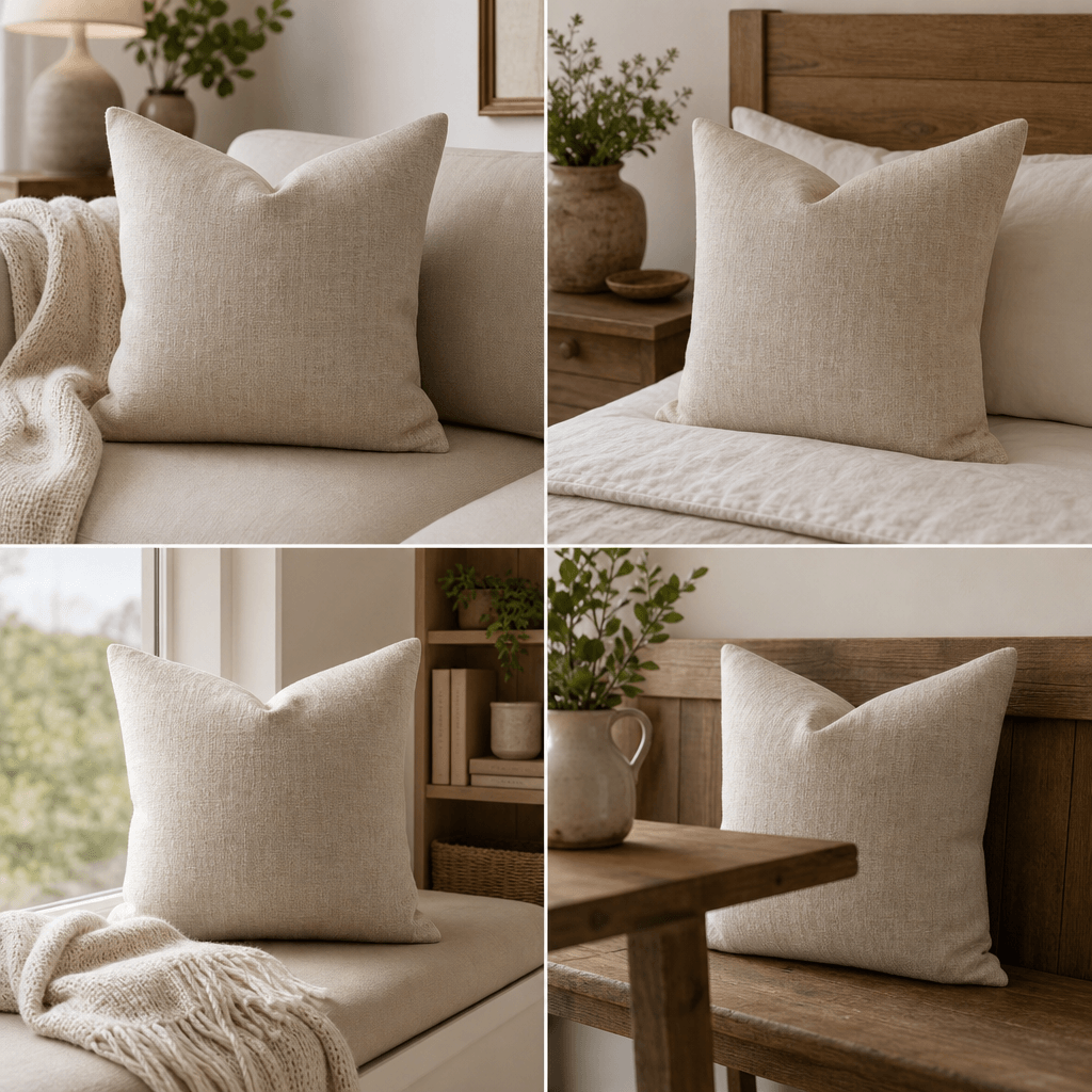 AI-generated 2×2 lifestyle collage of a linen throw pillow in four home interior settings — cozy sofa corner, bedroom he