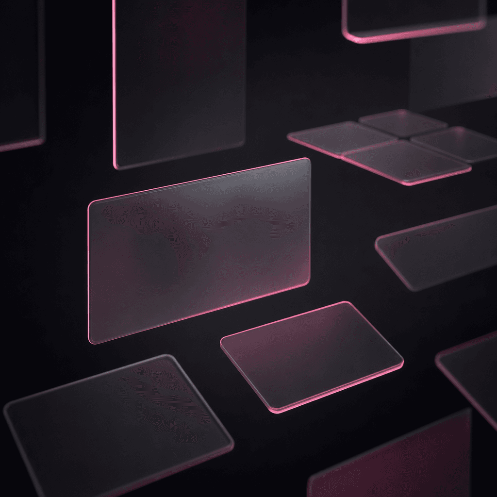Abstract floating geometric card shapes suggesting a digital interface — translucent matte panels arranged in a sparse g