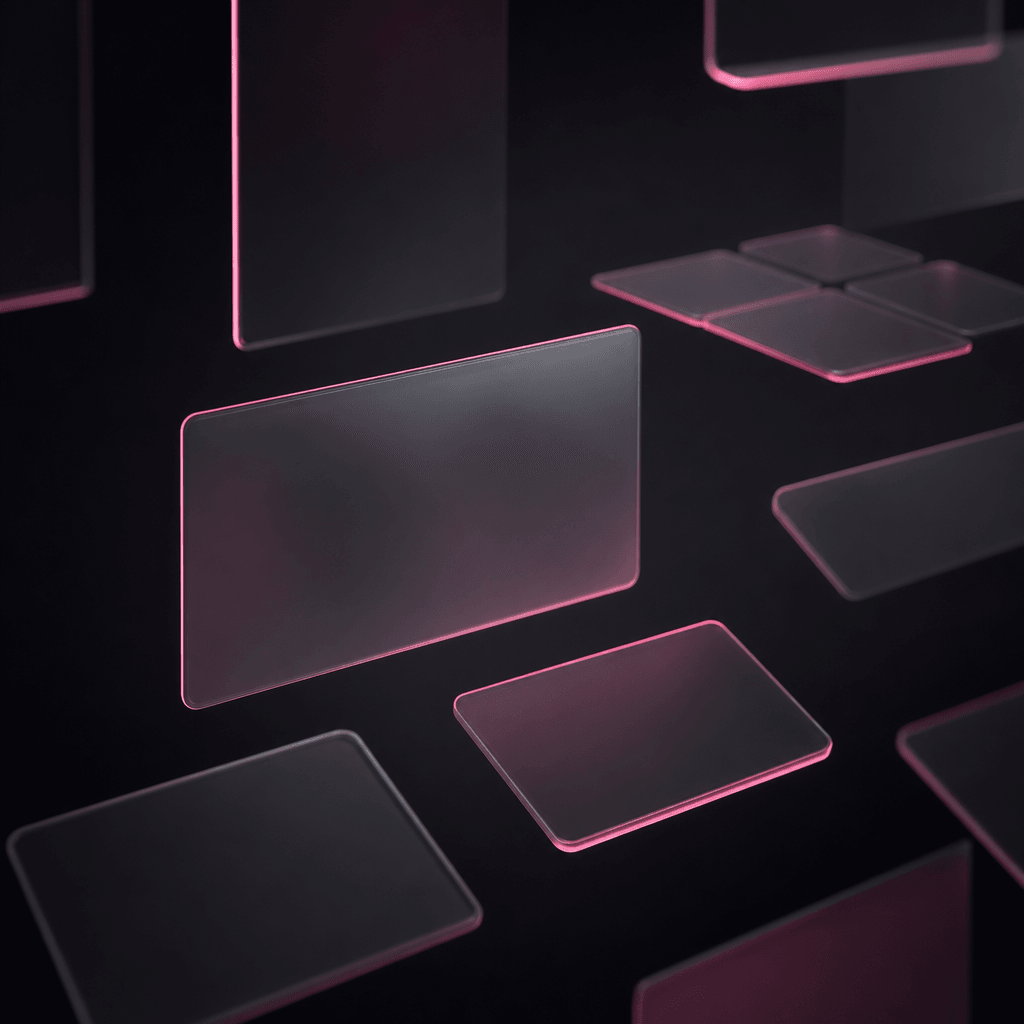 Abstract floating geometric card shapes suggesting a digital interface — translucent matte panels arranged in a sparse g