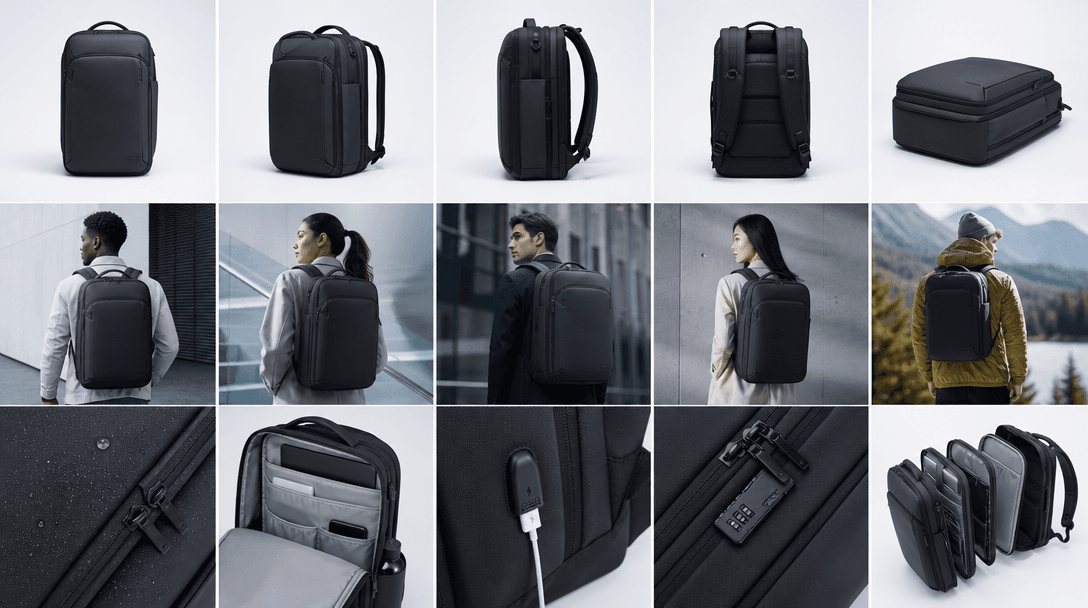 Grid of product variations showing different angles and backgrounds, stacked layering effect, cool professional temperat
