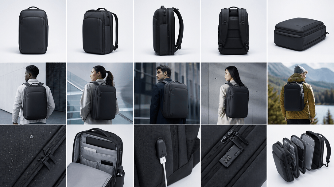 Grid of product variations showing different angles and backgrounds, stacked layering effect, cool professional temperat