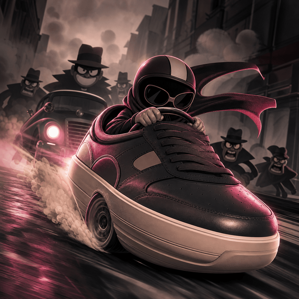 A luxury sneaker becomes an escape vehicle in a playful vintage-cartoon chase, carrying a stylized anonymous hero away f