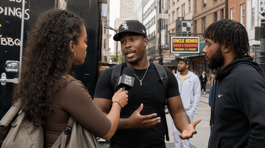 Dynamic street interview scene: multiple people captured mid-conversation with natural expressions and hand gestures. Ur