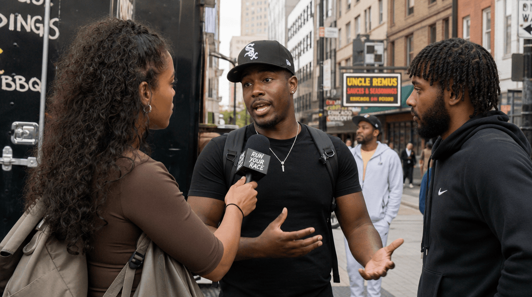 Dynamic street interview scene: multiple people captured mid-conversation with natural expressions and hand gestures. Ur