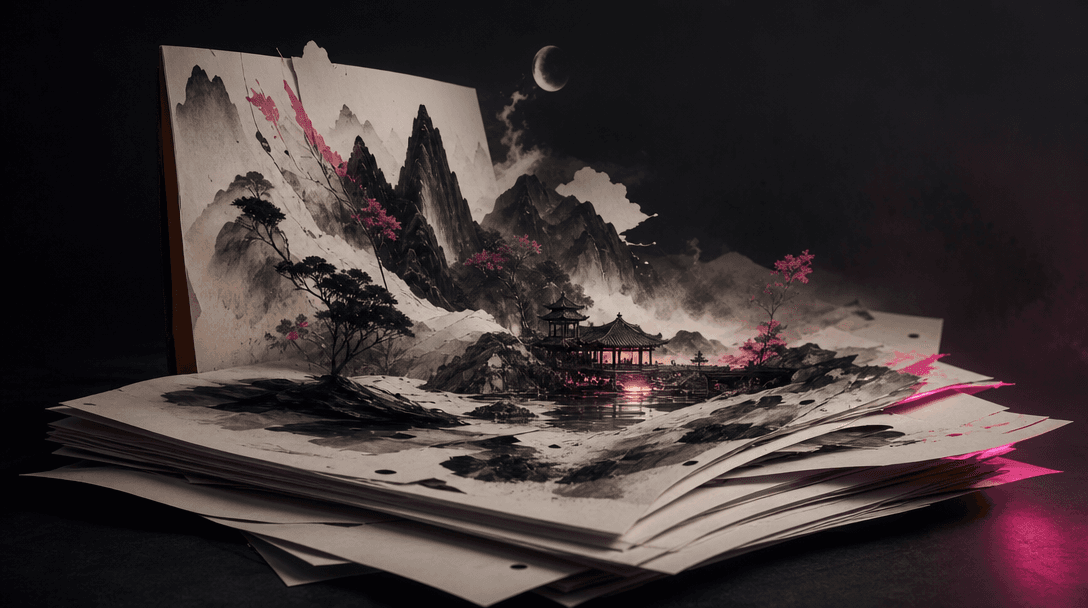 Loose manuscript pages transforming into a richly illustrated nocturnal landscape, typed forms dissolving abstractly int