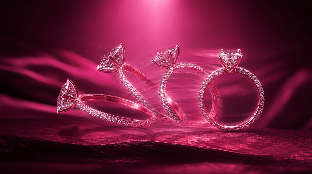 Smooth morphing transition between two jewelry poses, diamond ring rotating mid-motion blur with light refraction trails