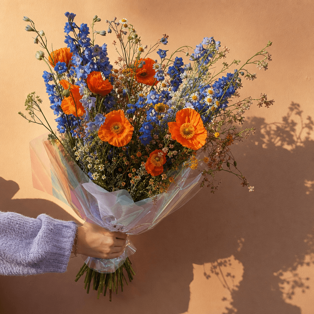 A playful bouquet of orange poppies, blue delphiniums, and airy wildflowers held against a pale peach plain wall, contem