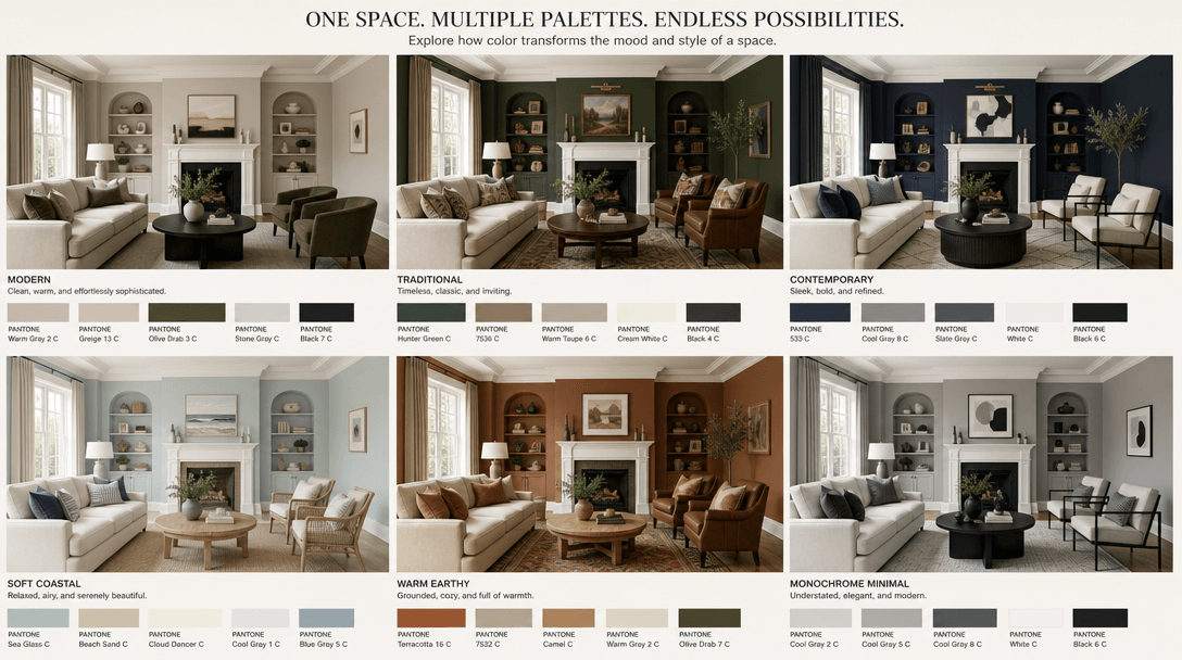 Multiple interior design color variations shown side-by-side, same space with different coordinated Pantone palettes, mo