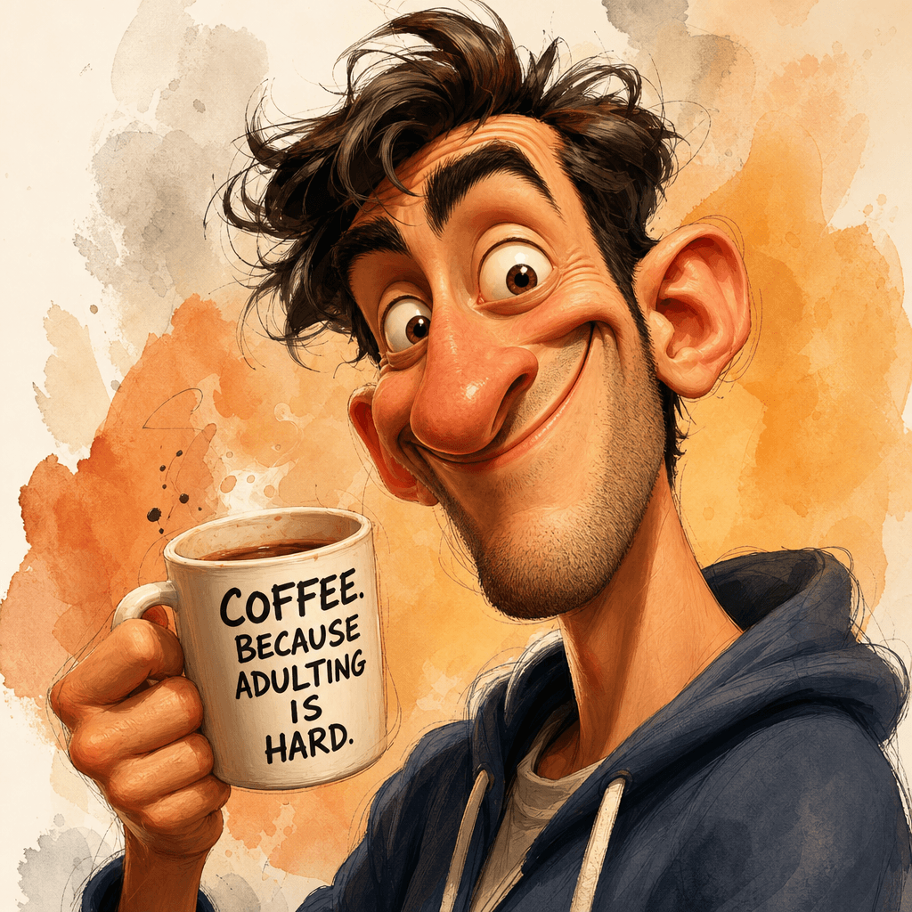 Bold, comedic 3D caricature in artistic sketch style. Exaggerated proportions with paint-like textures and watercolor ba