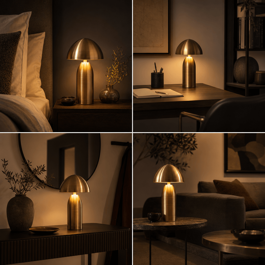 Four-panel lifestyle collage of a brushed brass table lamp in different interior scenes — bedside table, home office cor