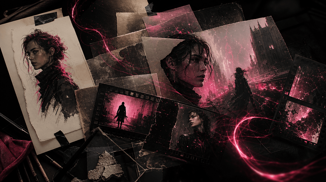 An illustrated character card evolving into a cinematic scene through layered sheets of paper, film frames, light trails