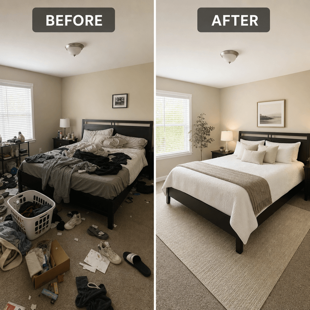 Before state: messy bedroom with scattered items, unmade bed, clutter. After state: clean, organized bedroom with made b